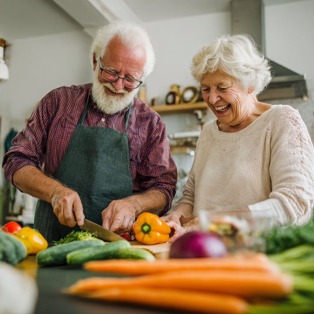 Smiling elderly European woman planning healthy meals with fresh vegetables and fruits on kitchen table