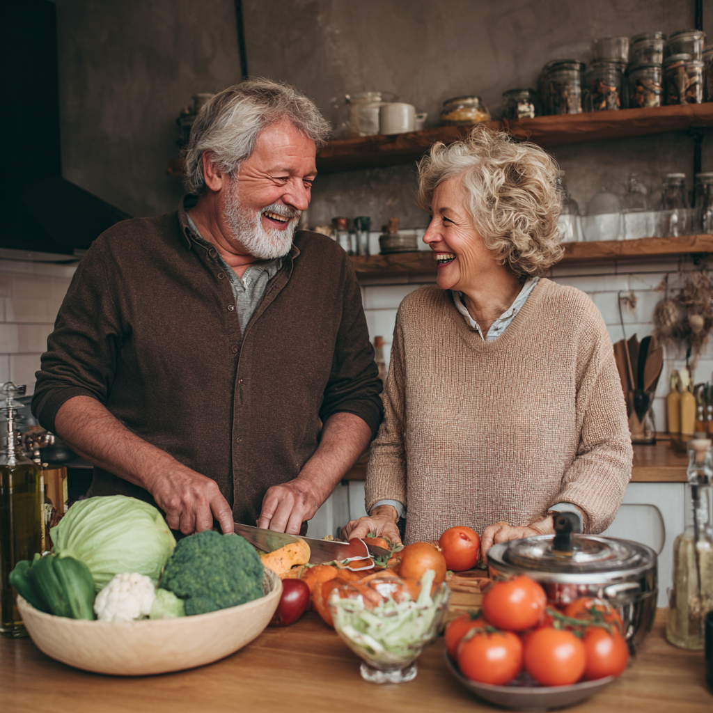 Elderly European man reading nutrition research papers while sitting at desk with healthy food samples